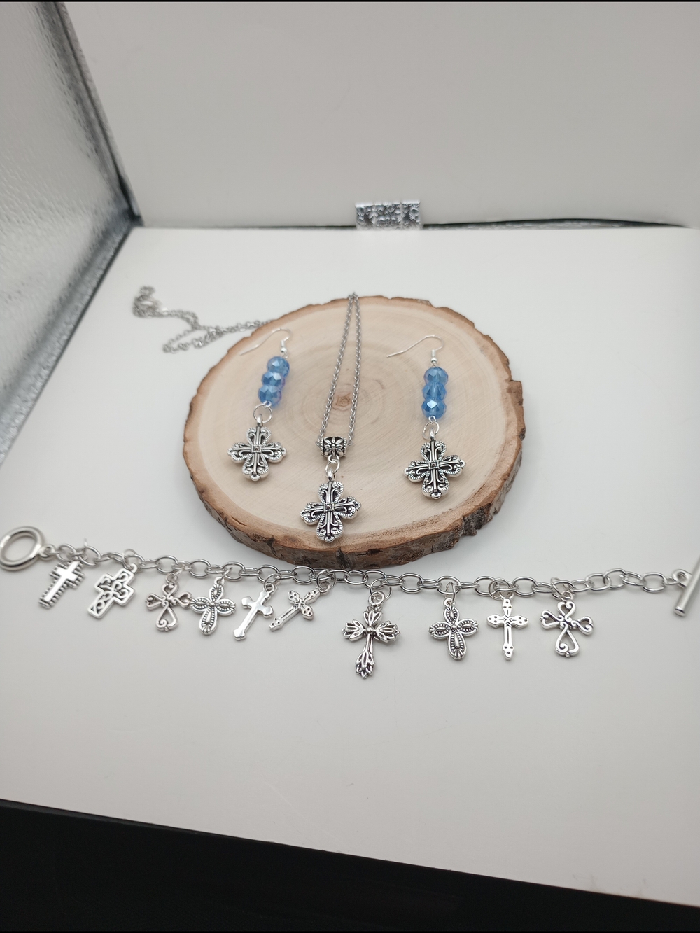 Silver Cross Necklace and Blue Bead Earrings Set - Women Jewelry